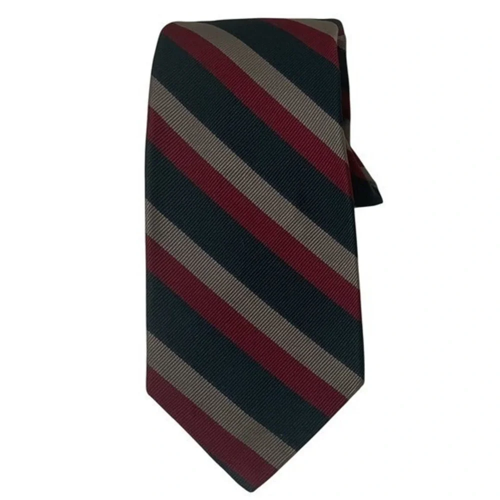 Polo Ralph Lauren Necktie Mens Burgundy Dk Green Gray Silk Striped USA Old Money